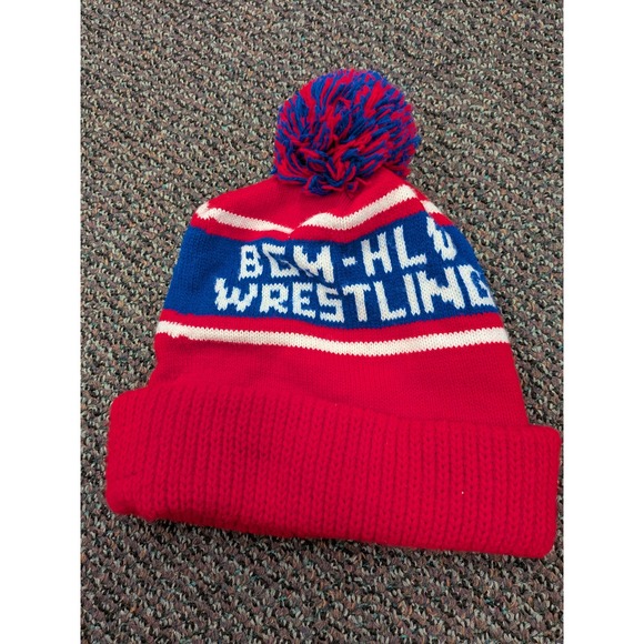 Vintage Other - Vintage BEY-HL Wrestling Knit Pom Beanie Hat Red White Blue Cuffed‎ Skully Cap